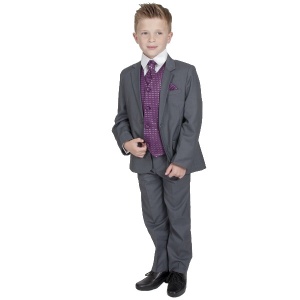 Boys Grey & Purple 6 Piece Slim Fit Suit